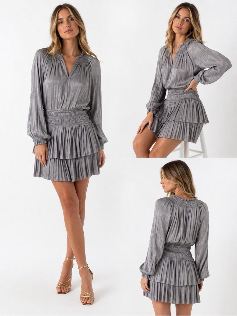 Current Air | Light Gray Pleated Halter Neck Mini Dress L